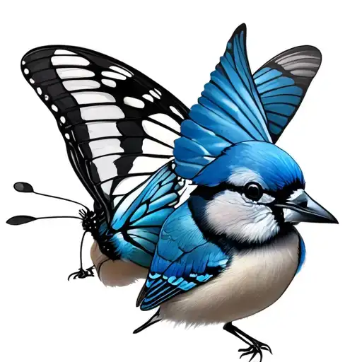 Butterfly And Blue Jay Next To Each Other Like Family