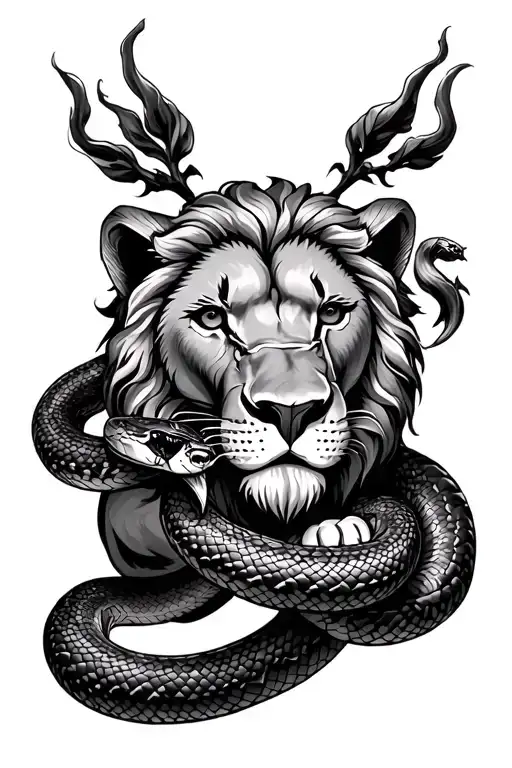 Lion Holding A Snake