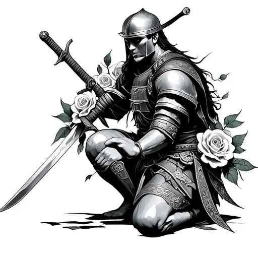 Sword With Roses And Samurai Knight Kneeling