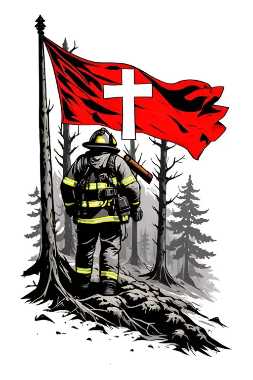 Firefighter Red Flag And Cross In The Woods