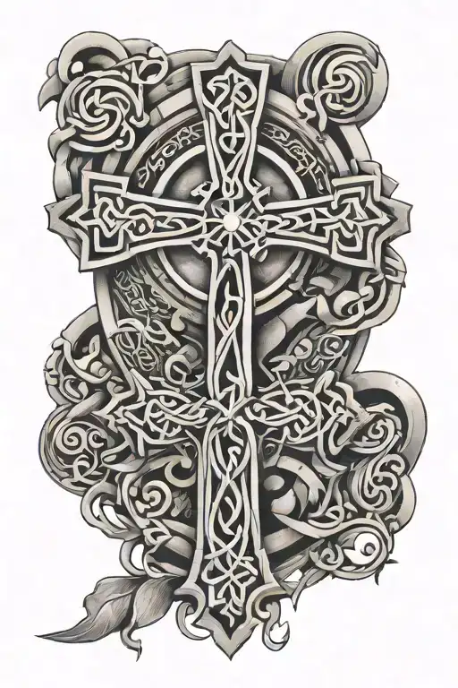 Celtic Cross Made Of Broken Stone Surrounded My Music Notes