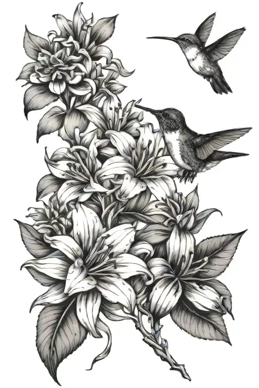 Fine Line Dasies And Lilys With A Smalll Hummingbird