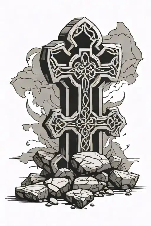 Celtic Cross Made Of Broken Stone Altar Surrounded