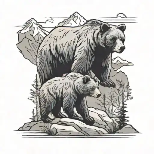 Mama Bear And Cub With Mountains In The Background