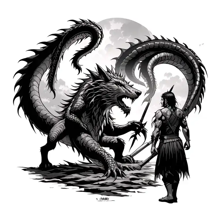 Fenrir And The World Serpent In Battle Against Odins With A Young Polynesian Warrior Observing Them