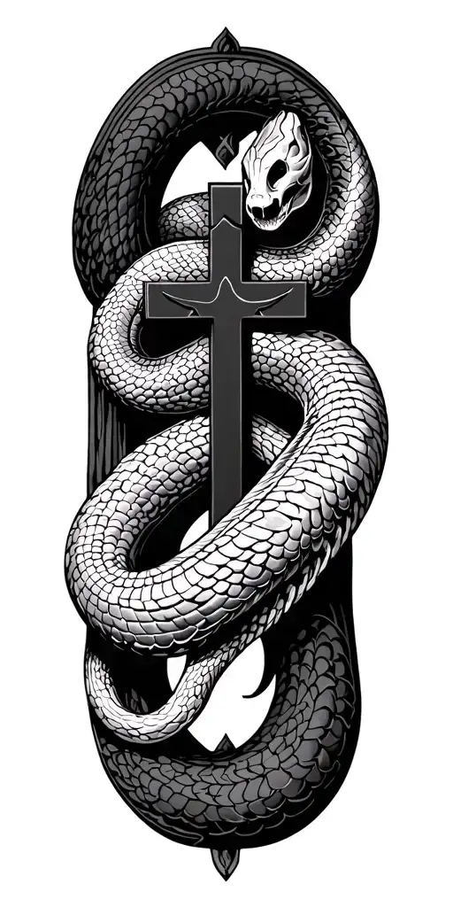 Vector Elongated Snake Silhouette Snake Bodies Wrapped Around Crucifix Dark Blackwork Gothic