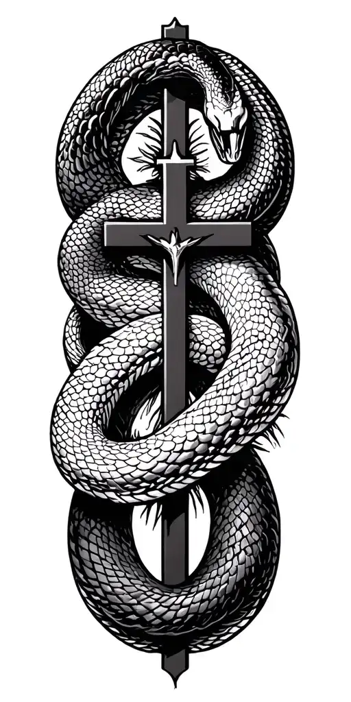 Vector Elongated Snake Silhouette Snake Bodies Wrapped Around Crucifix Dark Blackwork Gothic