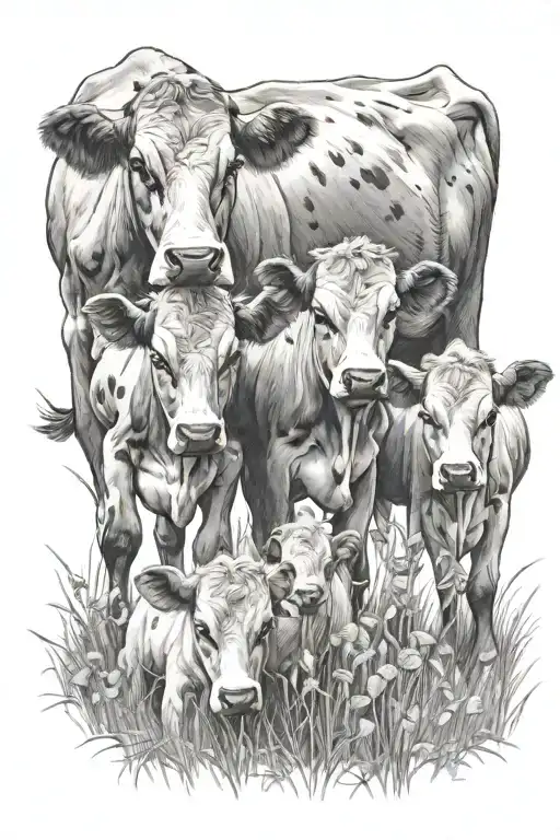 5 Baby Cows Grazing Peacefully In A Meadow