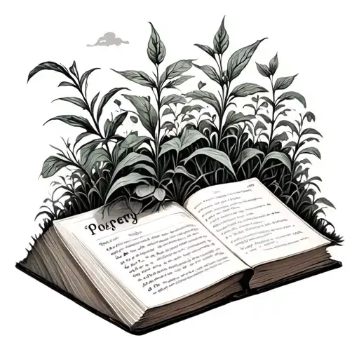 The Word Poetry On A Book With Plants Growing Out