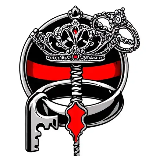 Silver Antique Skeleton Key With A Tiara And A Wedding Band With A Red Stripe Through The Middle