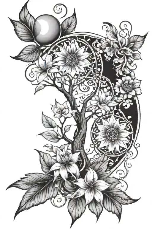 Tree Of Life Mother Nature Sun And Moon Mandala Lilly Flowers On The Entire Right Arm