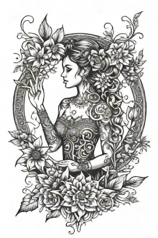 Tree Of Life Woman Holding Hersun And Moon Mandala Lilly Flowers On The Entire Right Arm