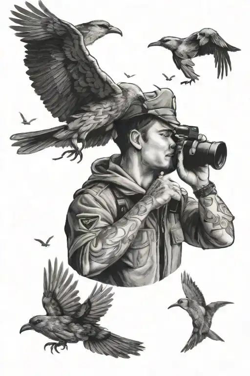 Guy With Binoculars And Birds Flying
