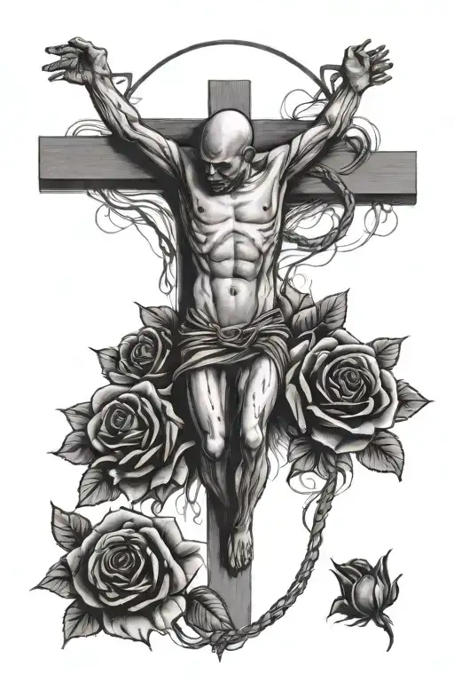 Crucified Skinhead With Roses In Background