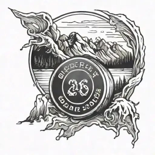 A Hockey Puck With Birth Date Around It With Mountains Blended Into Puck