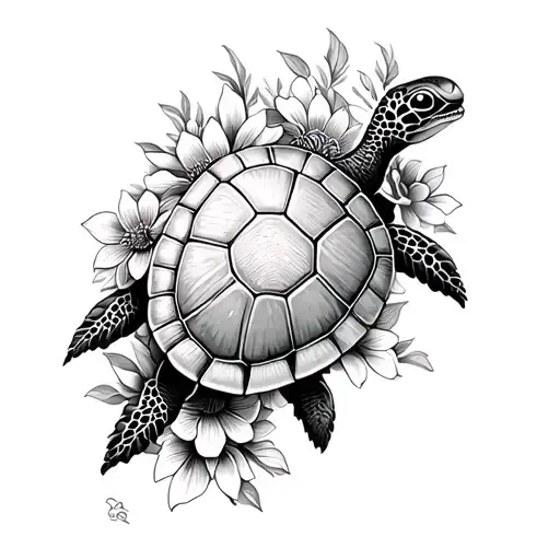 Turtle And Flowers Intertwined