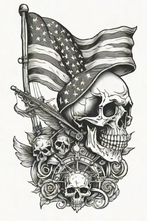 Skull With A American Flag And Fishing And Hunting