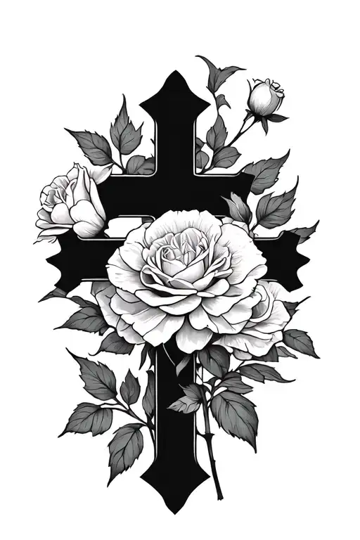 Cross With Carnation And Rose Behind It