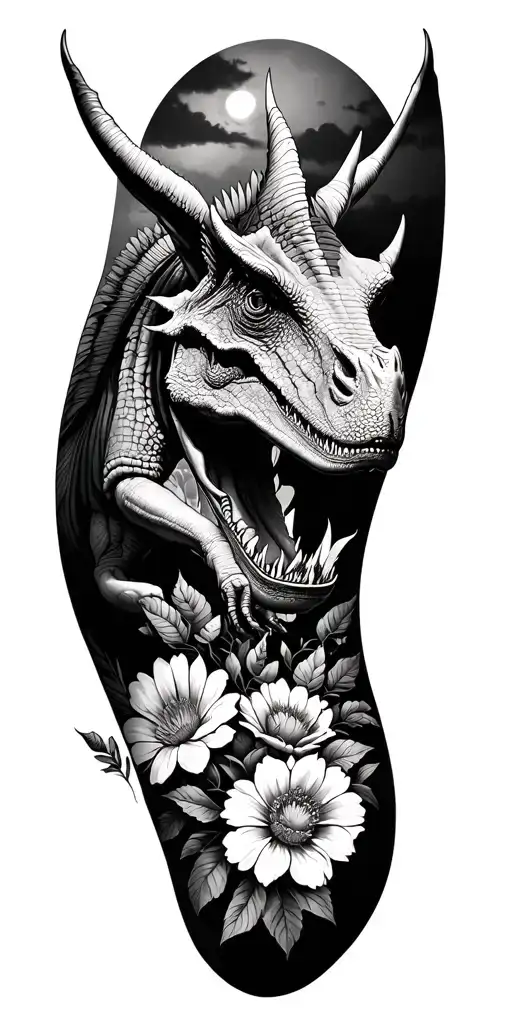 Triceratops In Flowers On Girls Arm Leading Up To A Halloween Scene