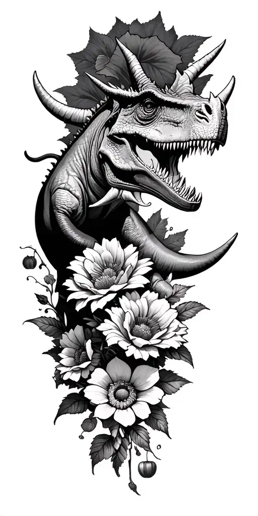 Triceratops In Flowers Leading Up To A Halloween Scene