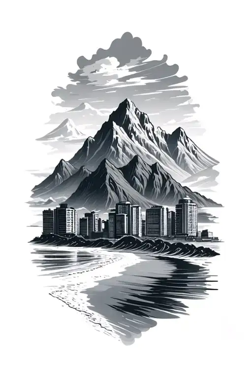 Mountains Skyline Buildings Beach And Sea Waves