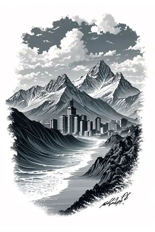 Himalaya Mountains Skyline Buildings Beach And Sea Waves Crashing