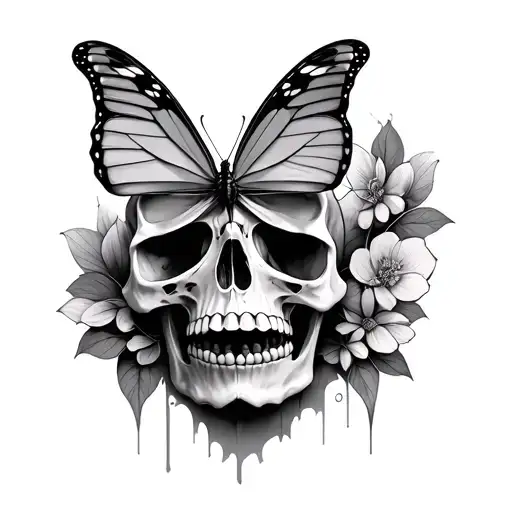Realistic Skull With A Butterfly Perched And A Butterfly Wing Spread