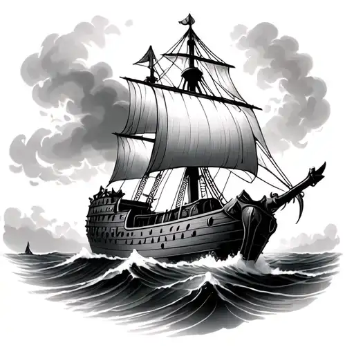 Viking War Ship Sailing On Stormy Waters