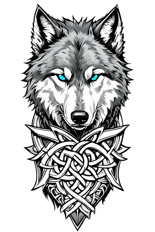 Wolf With Blue Eyes On Armor Tattoo Design Featuring Celtic Knotwork