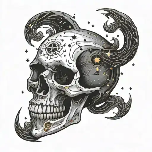 A Skull Surrounded By A Constellation Of Stars Representing The Client's Zodiac Sign