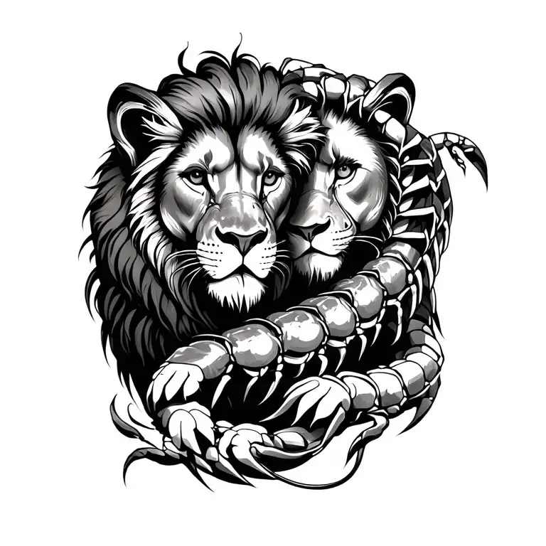 Couple Line Tattoo Lion And Scorpion Crawling