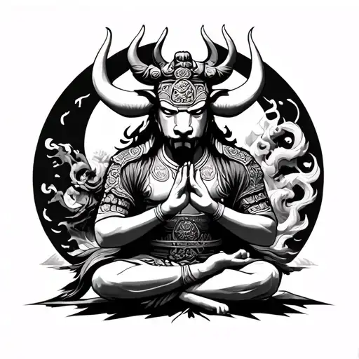Bull And Chinese Warrior Meditating