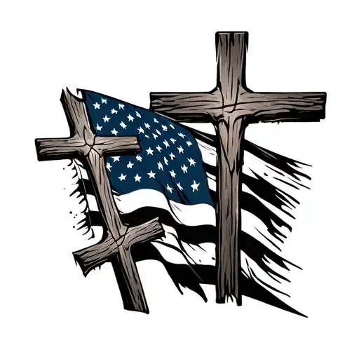 Three Wooden Crosses And Distressed American Flag Intertwined