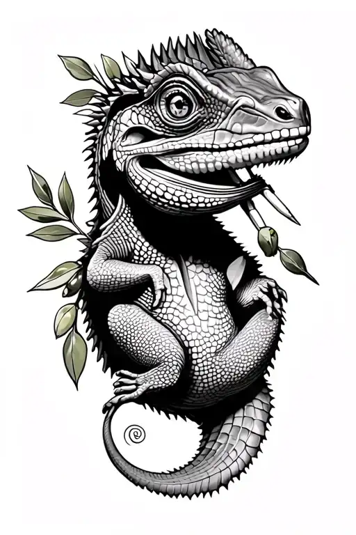 Chameleon With Arrows In Tongue And Olive Branch In Tail
