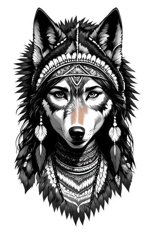 Native American Female With Headless And Wolf