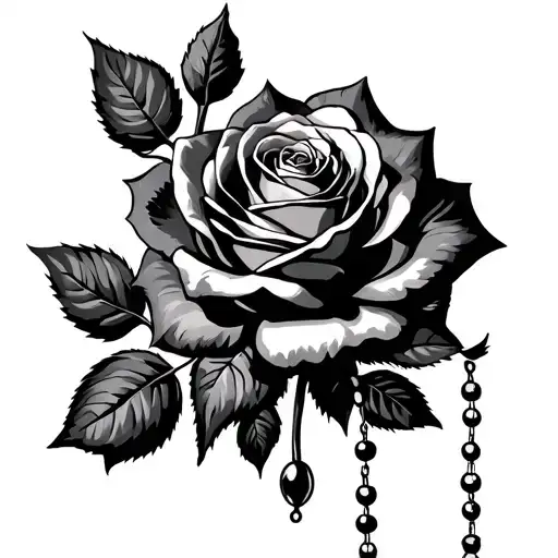 Virgin Mary Standing About A Rose With A Rosary That Goes Down Past The Rose And Ends Under The Rose