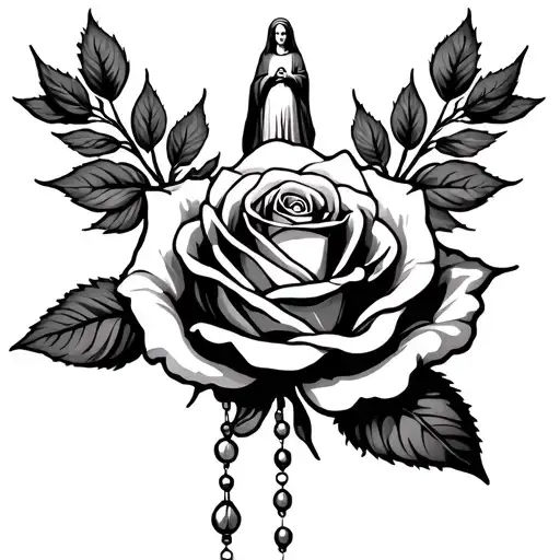 Virgin Mary Standing Above A Rose With A Rosary That Goes Down Past The Rose And Ends Under The Rose