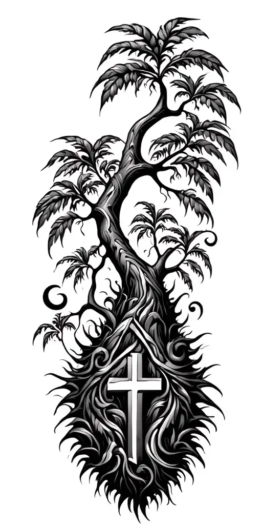 Polynesian Style Tree Of Life Growing In Three Crosses