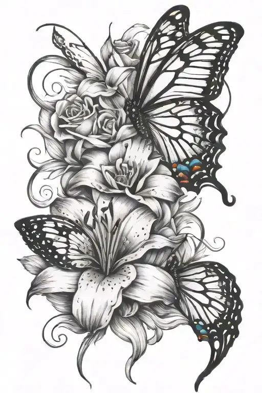 Lily And Rose Intertwined With A Butterfly
