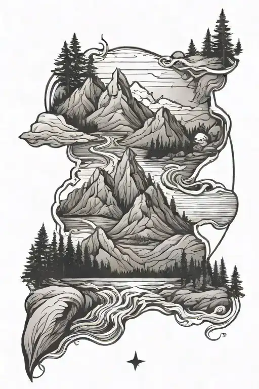 Mountains With River Flowing Near Trees Pentagrams