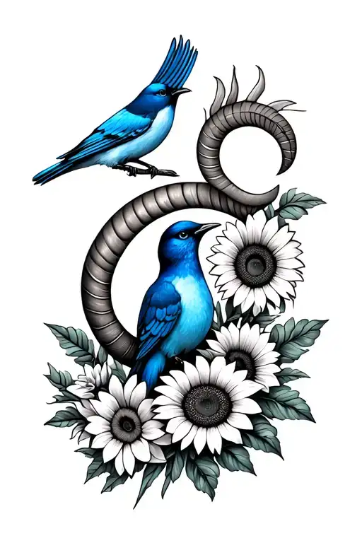 Small Capricorn Symbol With Basic Blue Bird And Lillie's And Sunflowers Without Colour