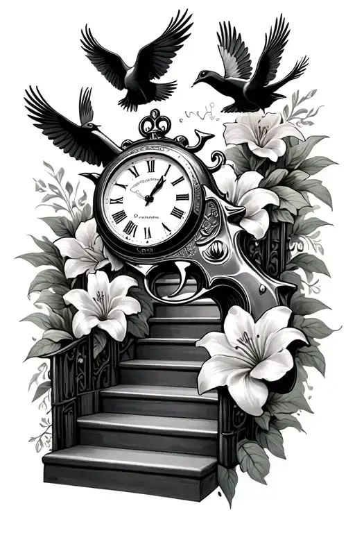 Stairs Leading To Broken Clock 38 Special Hand Gun With Flying Dove And Lilly Flowers Intertwined