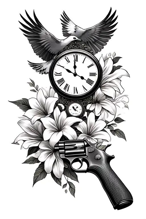 Stairs Leading To Broken Clock 38 Special Hand Gun With Flying Dove And Lilly Flowers Intertwined