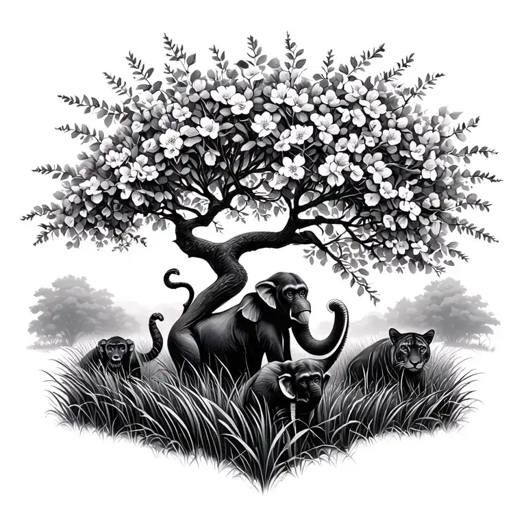 Blossom Tree In Long Grass Field With Monkey And Elephant And Panther