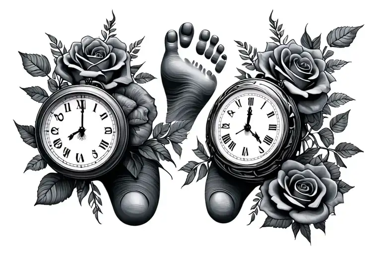 Two Foot Prints And Roses And Two Clocks All In One
