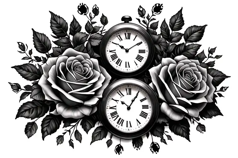 Two Foot Prints And Roses And Two Clocks All In One