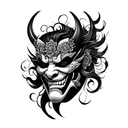 Hannya Mask Sleeve Tattoo Black And Gray