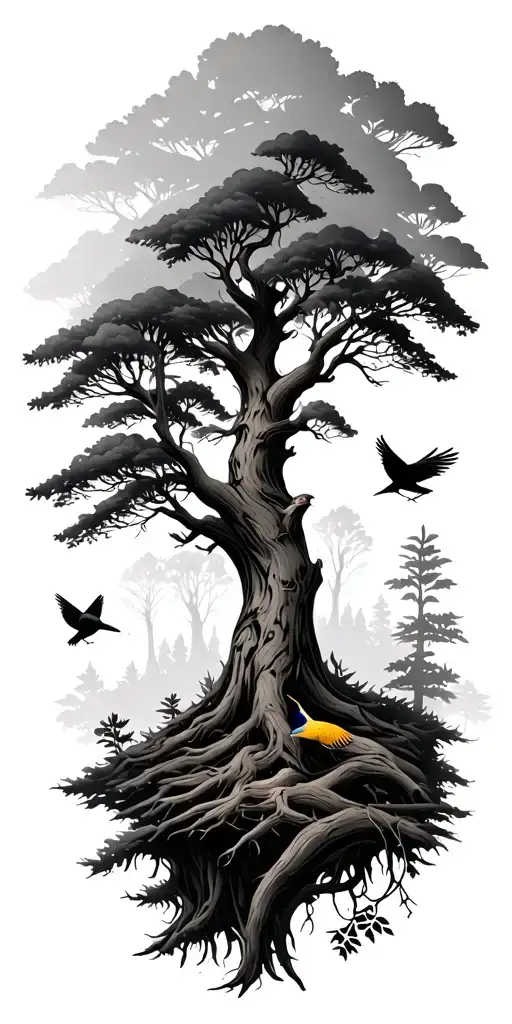 Forest Nature Elements Like Trees And Birds