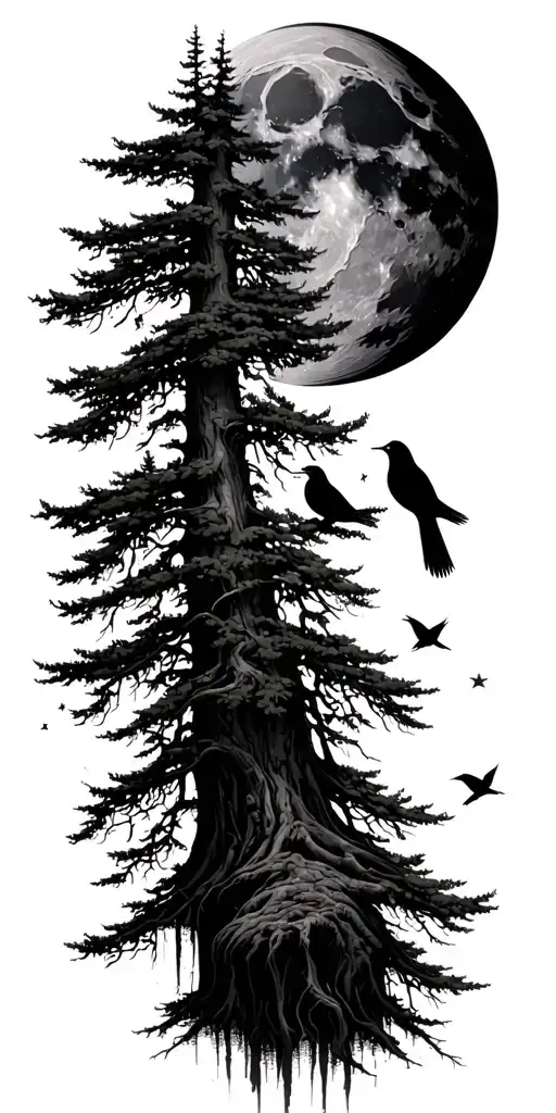 Forest Nature Elements Like Trees And Birds Moon
