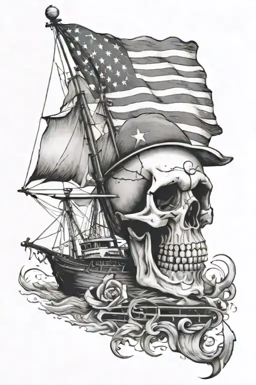 Skull With American Flag In The Background And Ship With Caribbean Islands